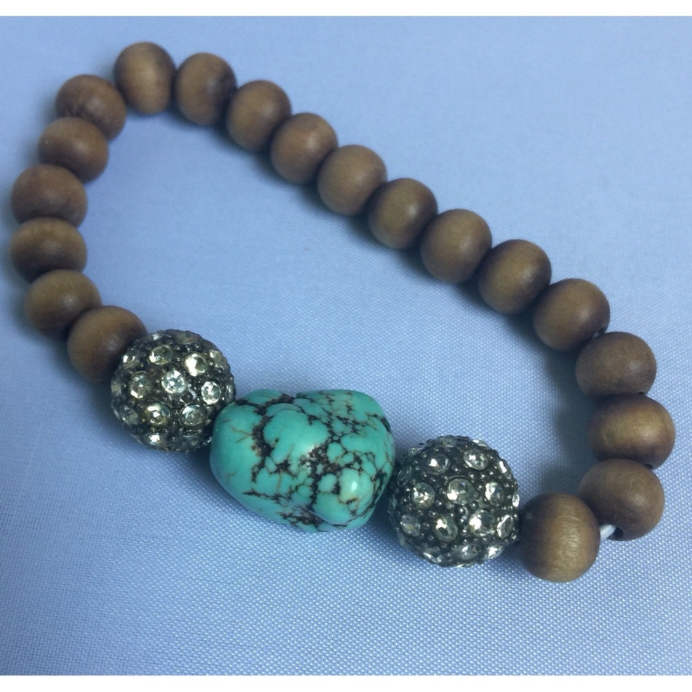Wood & Turquoise Stretch Bracelet Black Rhinestone Balls Great for Layering
